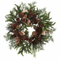 Wholesale ✨ Nearly Natural 24" Pine & Pine Cone Wreath With Burlap Bows 😉