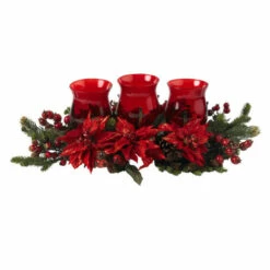 Best Sale 👏 Nearly Natural Poinsettia & Berry Triple Candelabrum 😉