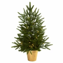 New 😀 Nearly Natural 2.5-Ft. 🎄 Christmas Tree W/Golden Planter & Clear Lights ⌛