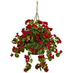Best Sale ✔️ Nearly Natural Red Geranium Hanging Basket UV-Resistant Indoor/Outdoor 🎁