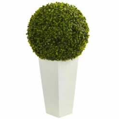 Promo 😀 Nearly Natural 28" Boxwood Topiary Ball W White Planter Indoor/Outdoor 👏