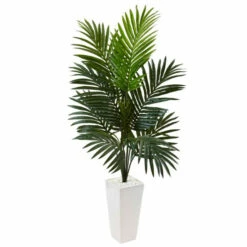 Deals 😍 Nearly Natural 4.5 Ft. Kentia Palm Tree In White Tower Planter 😀