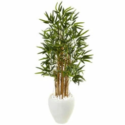 Discount 🥰 Nearly Natural 4 Ft. Bamboo Tree In White Oval Planter 💯