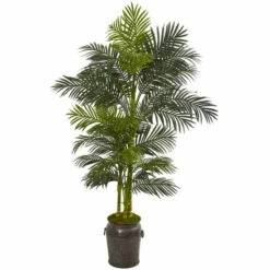 Coupon 🔥 Nearly Natural 7 Ft. Artificial Golden Cane Palm Tree In Metal Planter 🧨
