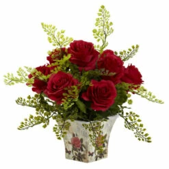 Flash Sale 🔔 Nearly Natural Silk Rose-Bush Flower Arrangement Red Red ✨